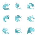 Big blue tide icons set, flat style