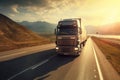 Big blue truck driving fast with a white trailer with blank space for text on a countryside road with other cars against