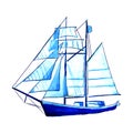 Big blue watercolor sail ship vector illustration. Royalty Free Stock Photo