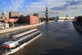 Big boat with tourists on the river in the center of Moscow, Russia Royalty Free Stock Photo