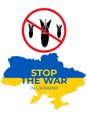 Big bombs simbol folling down with forbidding sign. Motivational picture, graphic design. Stop war, banner. Anti-war poster