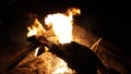 Close up of a burning firewood in the dark