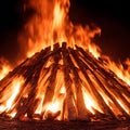 Big bonfire at night in woods pyre