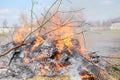 Big bonfire in the open air. A pile of ash from burnt boards and branches. Hot flame Royalty Free Stock Photo