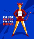 Big boss bossy girl with horns like demon or devil stands confident serious and angry vector illustration, bad boss despot and