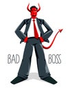 Big boss director with horns like demon or devil stands confident serious and angry vector illustration, bad boss despot and Royalty Free Stock Photo