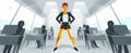 Big boss director woman stands in center of office with employees confident serious and angry vector illustration, bad boss female