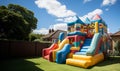 Big bouncy castle slide in garden, colorful Inflatable bouncy castle on sunny summer day with blue sky. Bouncy house for Royalty Free Stock Photo