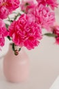 big bouquet of fuchsia peonies in a pink vase in a bright room are on a white chest of drawers. cozy house