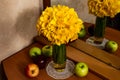 A big bouquet of yellow daffodils in a vase on a wooden table, with apples Royalty Free Stock Photo