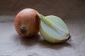 Big bow and half onion on a beige background