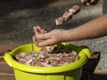 Process of skewering kebab meat