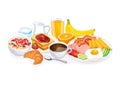Big breakfast with many food and drinks vector illustration Royalty Free Stock Photo