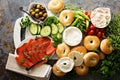 Big breakfast platter with bagels, smoked salmon and vegetables Royalty Free Stock Photo
