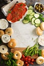 Big breakfast platter with bagels, smoked salmon and vegetables Royalty Free Stock Photo