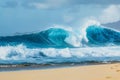 Big breaking Ocean wave on a sandy beach on the north shore of Oahu Hawaii. Royalty Free Stock Photo