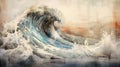 A big breaking ocean wave with white foam. Generative AI. Illustration for banner, poster, cover, brochure or presentation Royalty Free Stock Photo