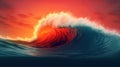 A big breaking ocean wave with white foam. Tropical sunset background. Sunset. Generative AI. Illustration for banner, poster, Royalty Free Stock Photo