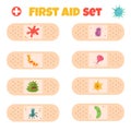 Big bright of patches, plasters with cute bacterias
