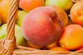 Big bright peach close-up lying in a wicker basket