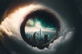 Big brother eye watching concept. Global surveillance for digital identity technology over city skyline. Generative ai Royalty Free Stock Photo