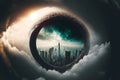 Big brother eye watching concept. Global surveillance for digital identity technology over city skyline. Generative ai Royalty Free Stock Photo