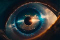Big brother eye watching concept. Global surveillance for digital identity technology over city skyline. Generative ai Royalty Free Stock Photo