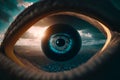 Big brother eye watching concept. Global surveillance for digital identity technology over city skyline. Generative ai Royalty Free Stock Photo