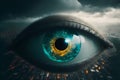 Big brother eye watching concept. Global surveillance for digital identity technology over city skyline. Generative ai Royalty Free Stock Photo