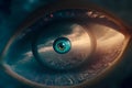 Big brother eye watching concept. Global surveillance for digital identity technology over city skyline. Generative ai Royalty Free Stock Photo