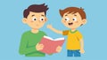 A big brotherlike figure helps their younger peer read a picture book pointing out different characters and asking