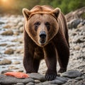 Big brown bear with red fish on the shore of the river. Bear in the wild Royalty Free Stock Photo