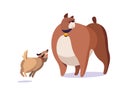 Big brown cartoon dog towering over a small enthusiastic pup playing. Happy energetic little dog with its tongue out