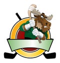 Big brown moose playing hockey ice logo