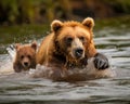 Big brown mother bear and her adorable cub in the natural habitat. Wild animals crossing the river. Generative AI