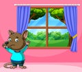 The big brown mouse looking at the outside and standing near the window