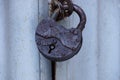 Big brown old padlock in water drops on a gray metal door Royalty Free Stock Photo