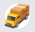 big brown parcel box or cardboard box place on yellow truck and all display on white circle Royalty Free Stock Photo