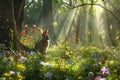 Big brown rabbit looking at colorful easter egg in imagination forest. AIG42. Royalty Free Stock Photo