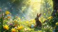Big brown rabbit looking at colorful easter egg in imagination forest. AIG42. Royalty Free Stock Photo