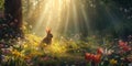 Big brown rabbit looking at colorful easter egg in imagination forest. AIG42. Royalty Free Stock Photo