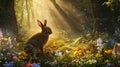 Big brown rabbit looking at colorful easter egg in imagination forest. AIG42. Royalty Free Stock Photo