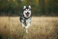 Big brown white purebred majestic Alaskan Alaska Malamute dog walking on the empty field in summer park Royalty Free Stock Photo