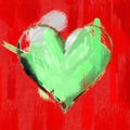 Big brushstrokes green heart on dirty bright red background