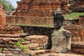 Buddha sculpture made of stone on the brick ruins of Wat Phra Sri Sanphet. Ayutthaya, Thailand.