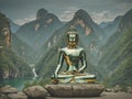 Big Buddha statue sits majestically atop a rocky overlooking the breathtaking beauty of the surrounding mountains and valleys