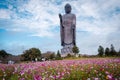 Big Buddha `Ushiku Daibutsu` in Japan. Big Buddha in flower field.