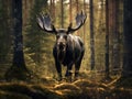 Big Bull moose Alces alces in deep forest of Big animal in the forest Royalty Free Stock Photo