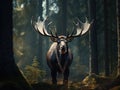 Big Bull moose Alces alces in deep forest of Big animal in the forest Royalty Free Stock Photo