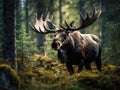 Big Bull moose Alces alces in deep forest of Big animal in the forest